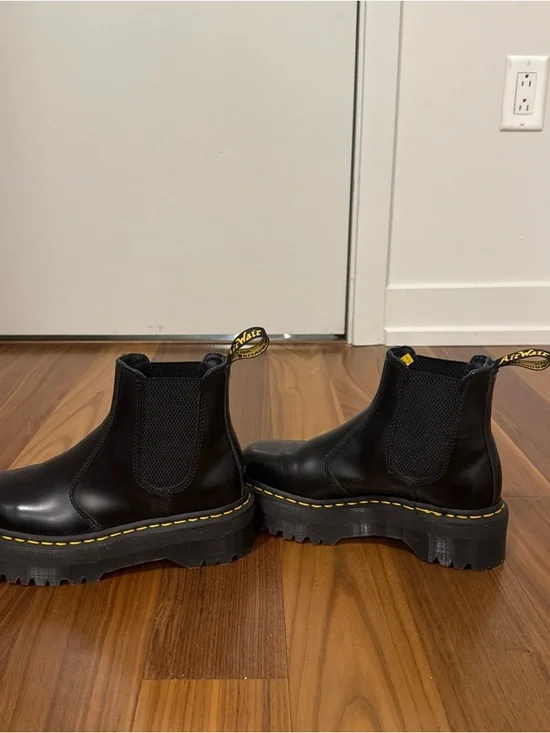 Dr. Martens Black Leather Platform Chelsea Boots with Yellow Stitching - Picture 3 of 5